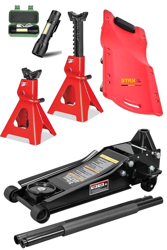 3Ton Hidrolik Paslanmaz Çift Piston Düşük Kaldırma Krikosu + 3Ton Sehpa Kriko + Tamirci Kızağı Set