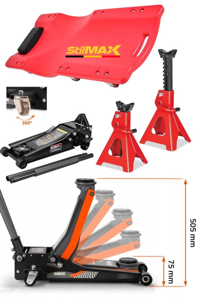 3Ton Düşük Profil Çift Piston Güçlendirilmiş Kriko + 3Ton Sehpa Kriko Seti Tamirci Kızağı Garaj Seti