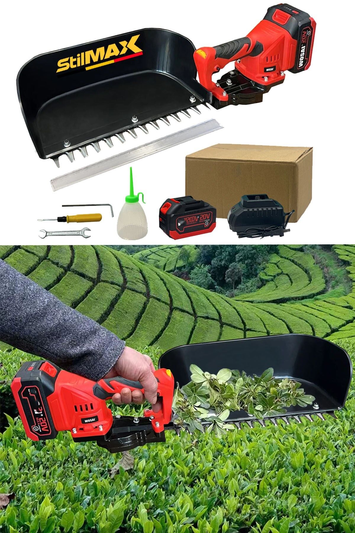 21v Çay Hasat Makinesi – 2 Akülü, Şarjlı, Hafif (1.3 Kg), Titanyum Bıçaklı Çay Toplama Makası