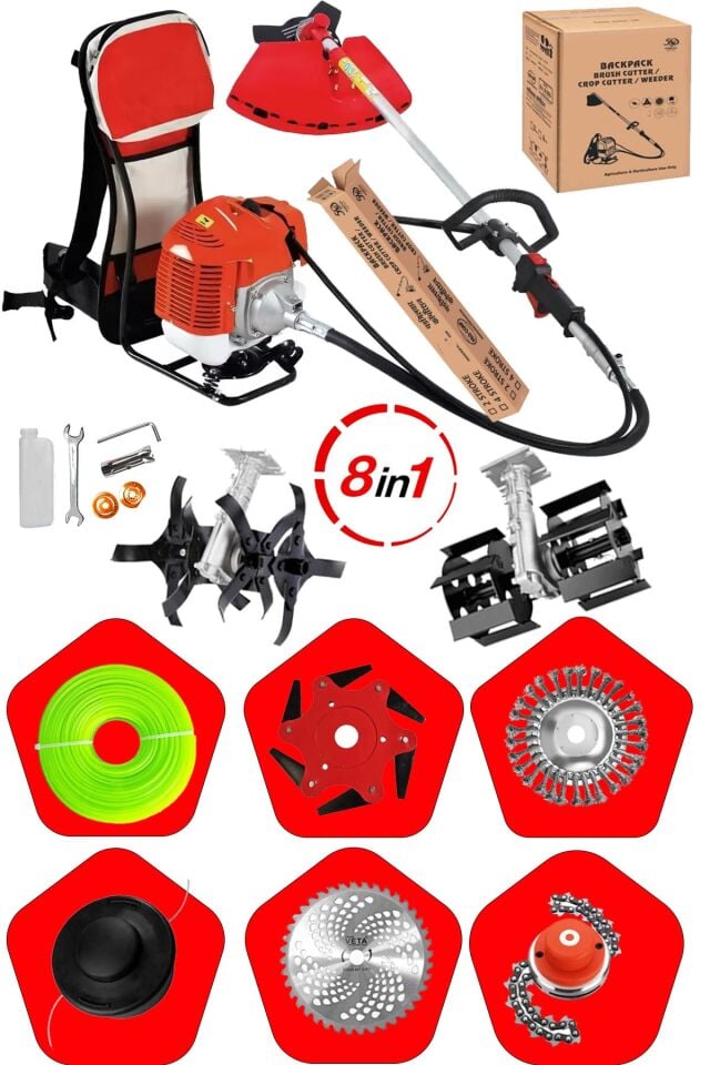 8IN1 Benzinli 20HPX Çim Çayır Ot Biçme Bahçe Bakımı Sırt Tipi Tırpan + 8'li Süper Set Çapa Başlığı