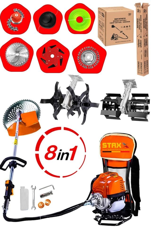 8IN1 Benzinli 20HPX Çim Çayır Ot Biçme Bahçe Bakımı Sırt Tipi Tırpan + 8'li Süper Set Çapa Başlığı