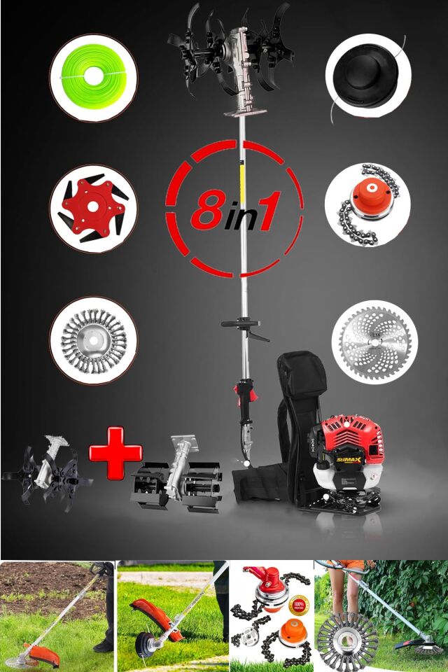 Full Set 8 Başlıklı Arazi Seti Benzinli Sırt Tipi Tırpan Ot Çalı Çim Kenar Biçme Tırpanı Çapalama