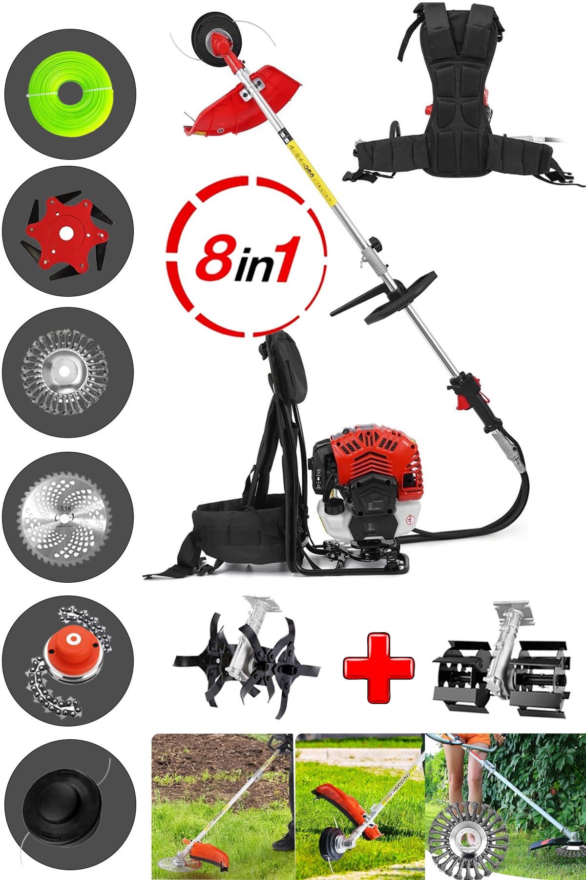 Full Set 8 Başlıklı Arazi Seti Benzinli Sırt Tipi Tırpan Ot Çalı Çim Kenar Biçme Tırpanı Çapalama