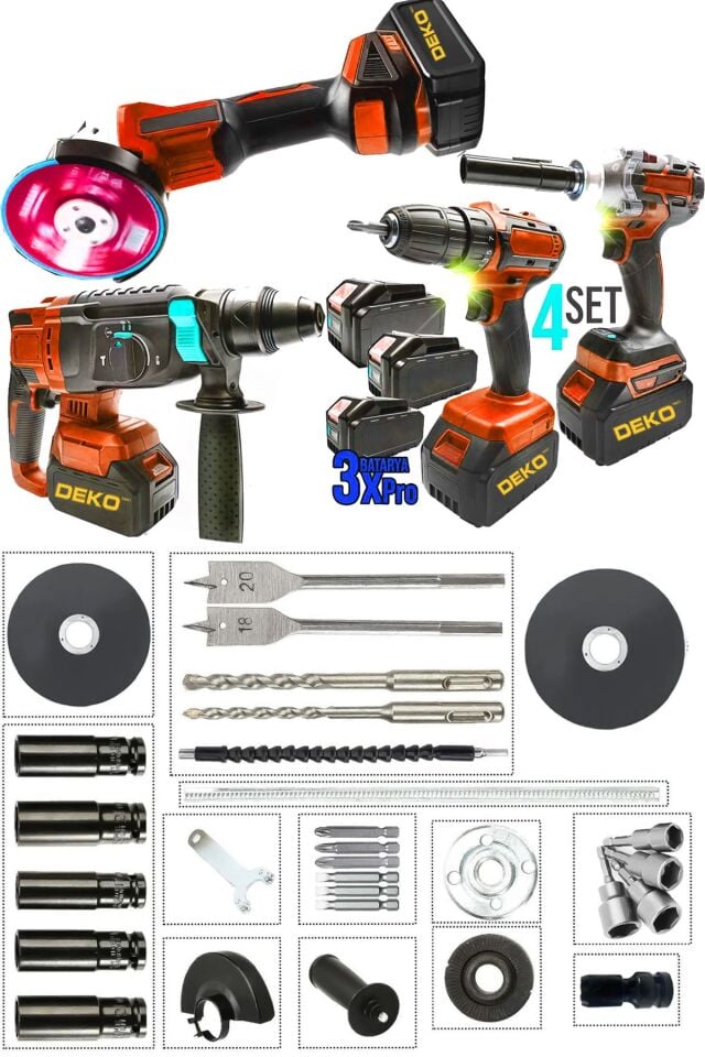 RedPro 4IN1 Akülü 4'lü Set – Taşlama + Hilti + Matkap + Somun Sıkma (3.0Ah x3 Akülü 10 Pilli)