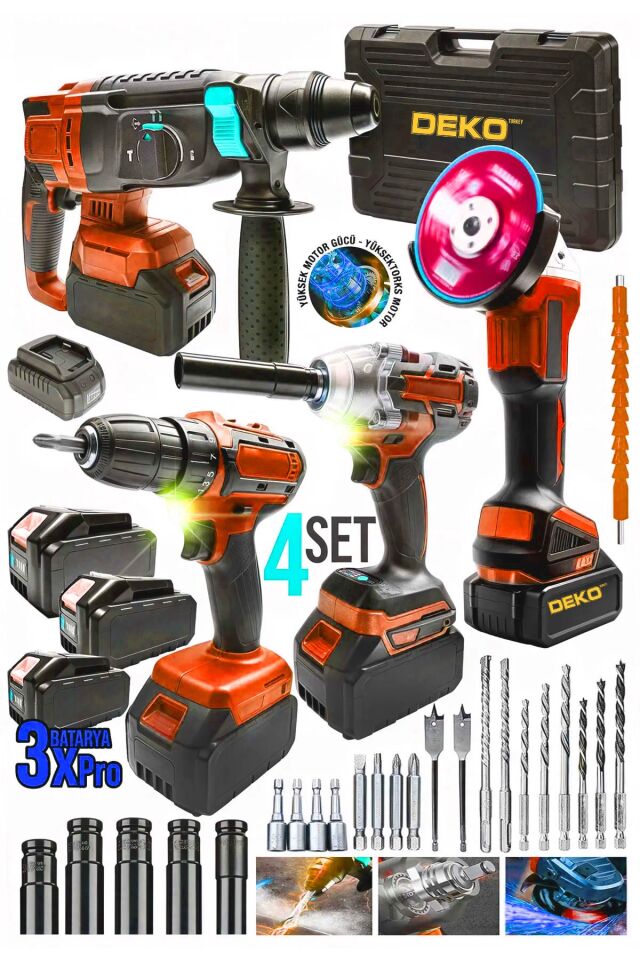 RedPro 4IN1 Akülü 4'lü Set – Taşlama + Hilti + Matkap + Somun Sıkma (3.0Ah x3 Akülü 10 Pilli)