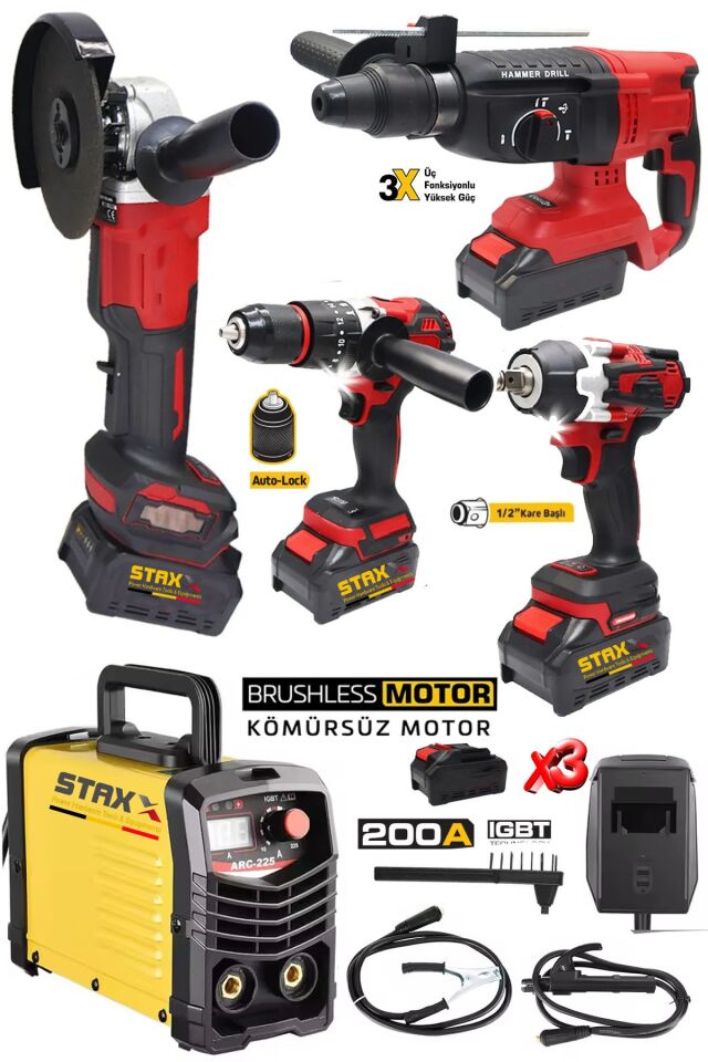 Süper Seri 5'li 200A Kaynak Makinesi + 3Akülü Şarjlı Somun Sıkma Taşlama Kırıcı Delici Matkap Seti