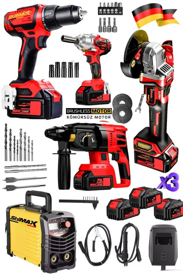 5IN1 5'li 10Pil 21V Profesyonel Set 200A İnvertör Kaynak  Şarjlı Matkap  Somun Sıkma Kırıcı Taşlama
