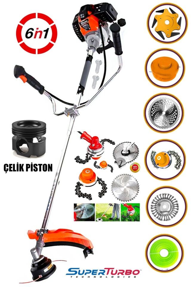 6IN1 6 Parça Fonksiyonlu Kömürsüz Seri Benzinli Yan Tip Tırpan Ot Biçme Tırpanı 20HPX Çelik Motor