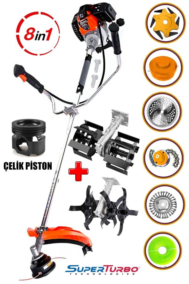 Alman 20HPX Benzinli Yan Tırpan Ot Çalı Biçme Toprak Çapalama Makinesi 2 Çapa Başlıklı 8 Parça Set