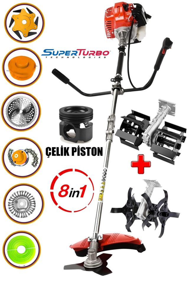 Alman 20HPX Benzinli Yan Tırpan Ot Çalı Biçme Toprak Çapalama Makinesi 2 Çapa Başlıklı 8 Parça Set