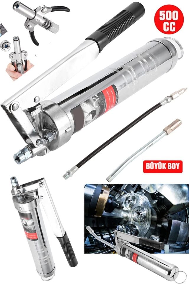 Yüksek Basınçlı Gres Yağ Pompası Endüstriyel Boy 500cc Gres Tabancası + Çift Mandallı Gres Pompa Ucu