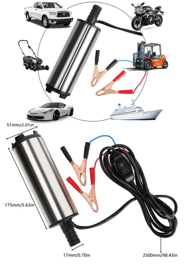 Profesyonel Mini Dalgıç Transfer Pompası – 12V/24V Uyumlu Mazot Sıvı Yağ Süt Aktarma Paslanmaz
