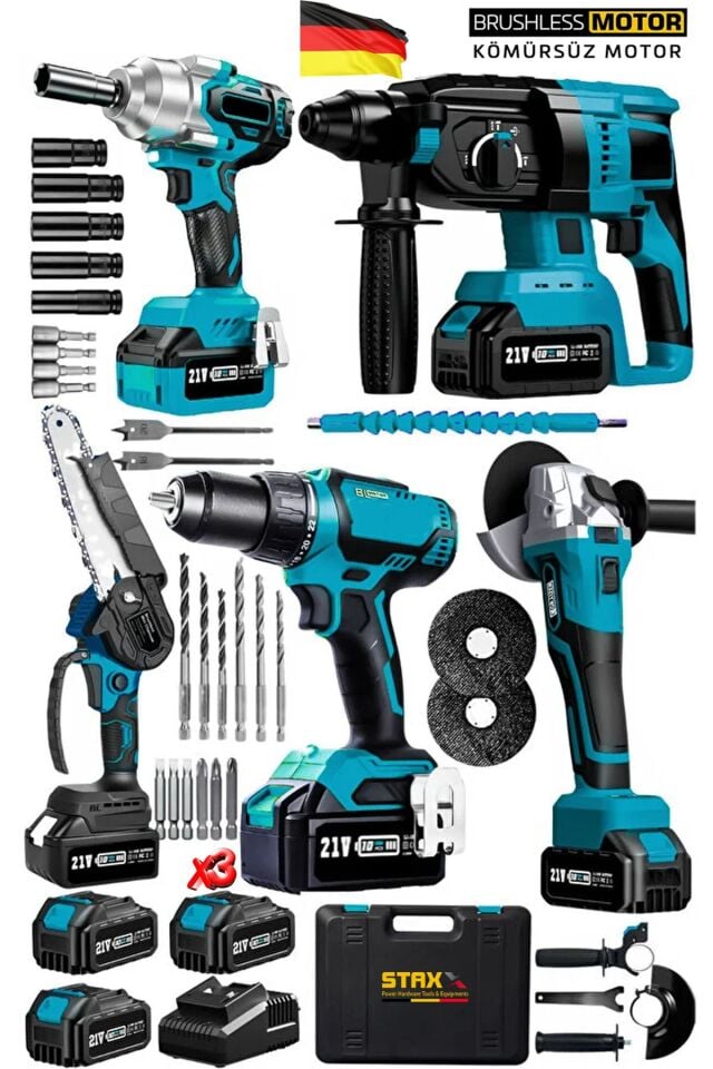 Muhteşem 5'li Set Kömürsüz Motor x3 Akülü Somun Sökme Sıkma Matkap Taşlama Kırıcı Dal Budama Makine