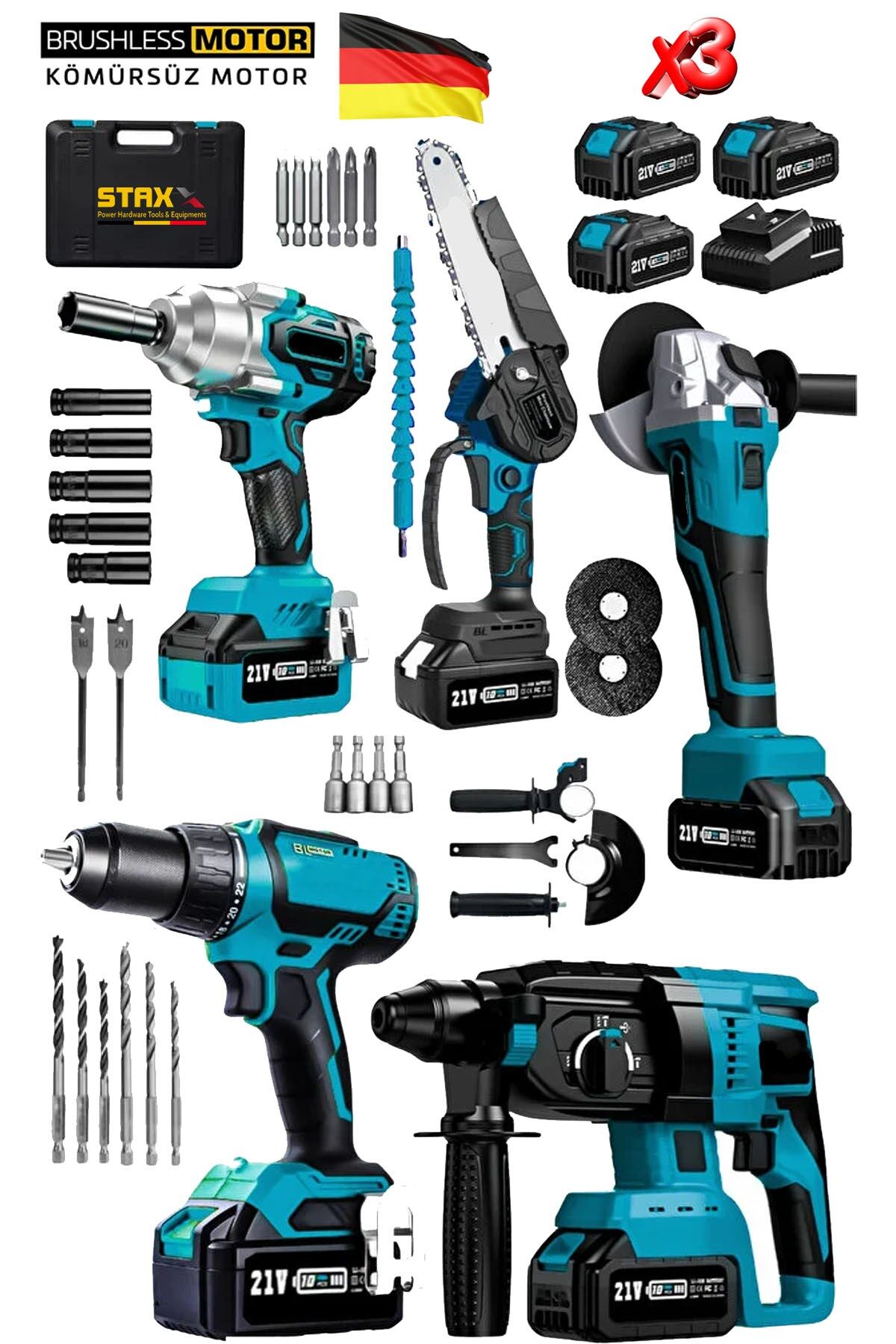 Muhteşem 5'li Set Kömürsüz Motor x3 Akülü Somun Sökme Sıkma Matkap Taşlama Kırıcı Dal Budama Makine