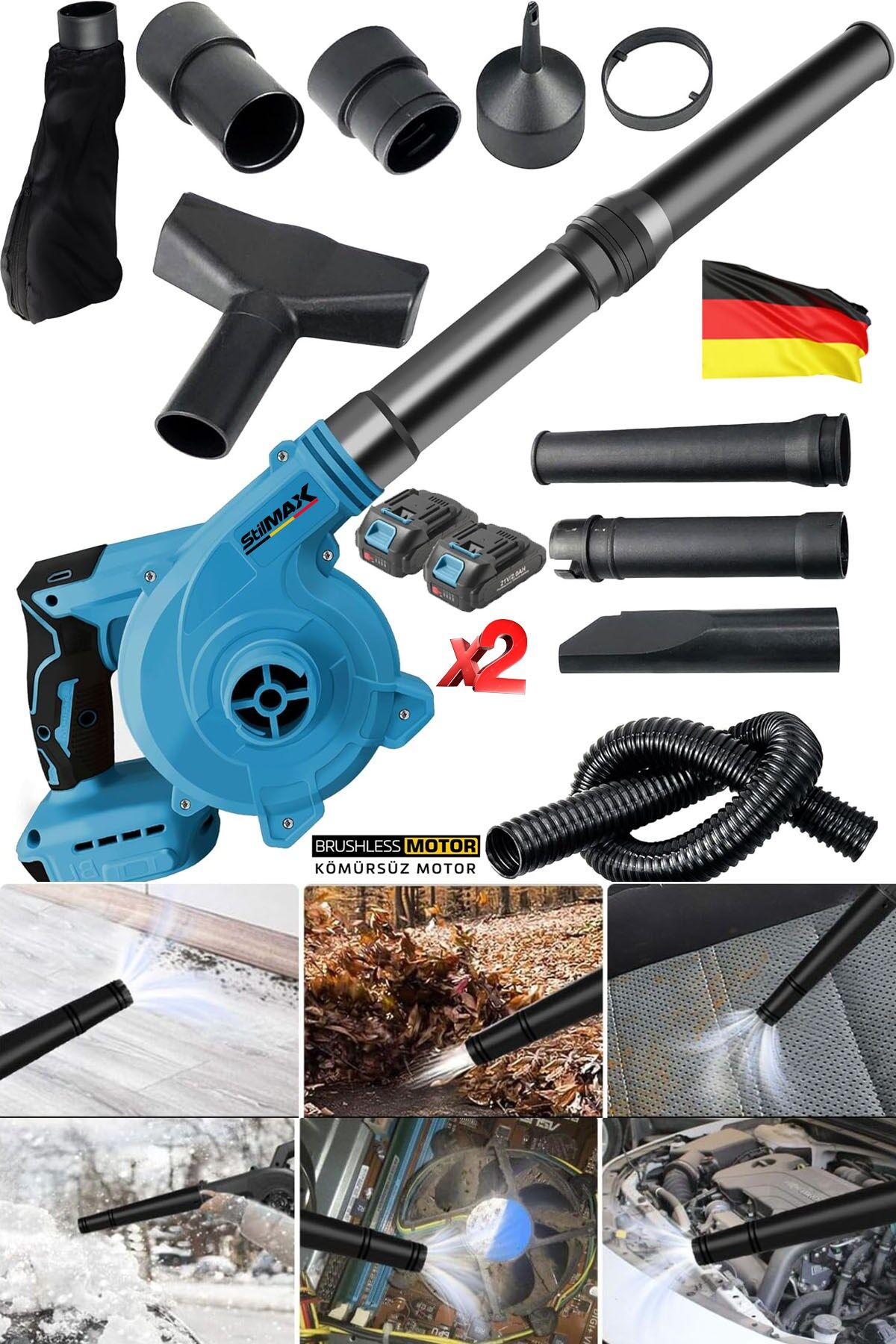 x2 Çift Akülü Devir Ayarlı Şarjlı Hava Üfleme Çekme Toz Toplama Süpürge Makinesi + Başlık  Hediyeli