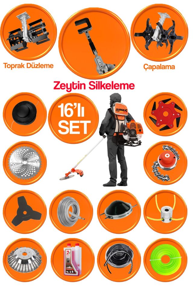 STL990ZS 16 Parça Benzinli Sırt Tırpan Ot Çim Çalı Biçme Makinası + Zeytin Silkeleme Aparatlı Set