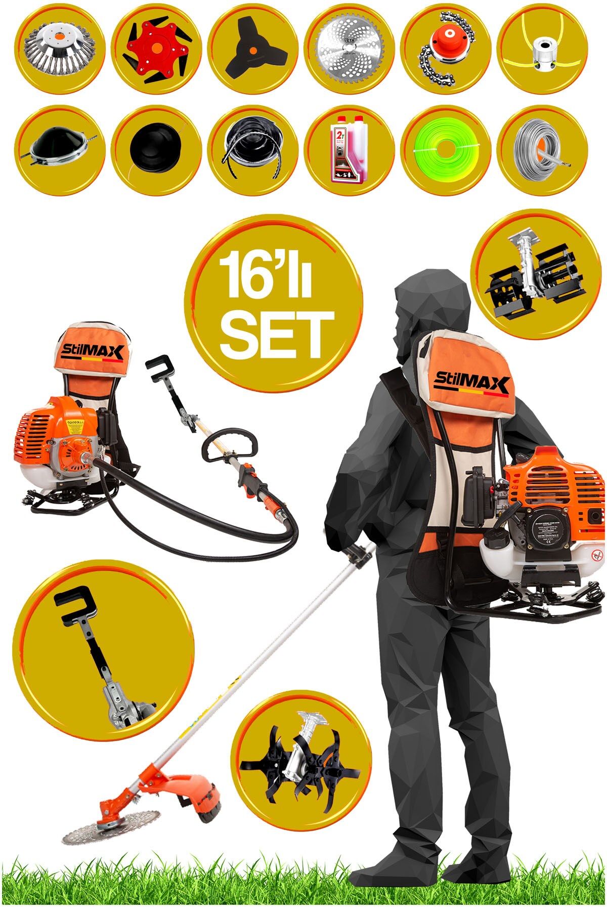 STL990ZS 16 Parça Benzinli Sırt Tırpan Ot Çim Çalı Biçme Makinası + Zeytin Silkeleme Aparatlı Set