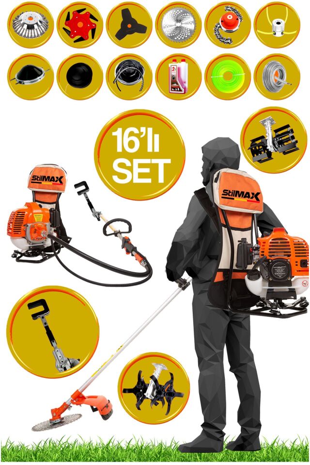 Full Turbo Arazi Setli 20Hpx Benzinli Sırt Tırpan Toprak Eşeleme Akrobat Çapalama + Zeytin Sallama