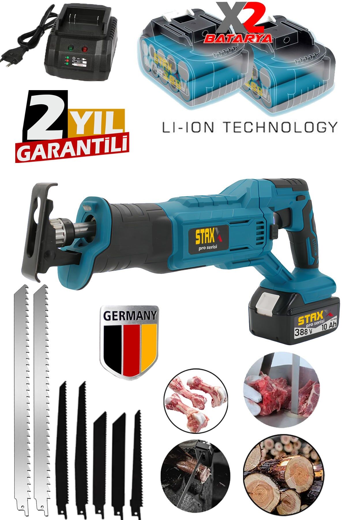 Kömürsüz Motor Yüksek Performans 388VF 10Ah Çift Akülü Şarjlı Tilki Kuyruğu Testere Ahşap Metal