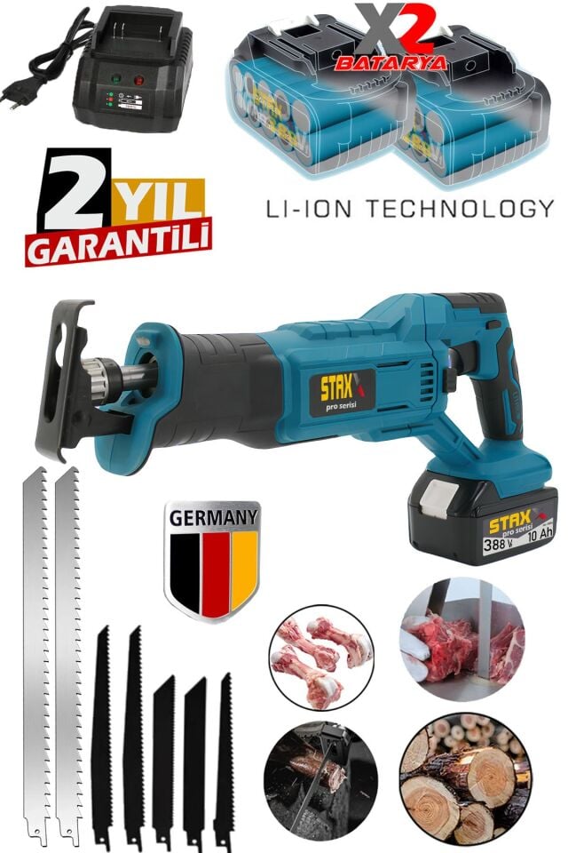 Kömürsüz Motor Yüksek Performans 388VF 10Ah Çift Akülü Şarjlı Tilki Kuyruğu Testere Ahşap Metal