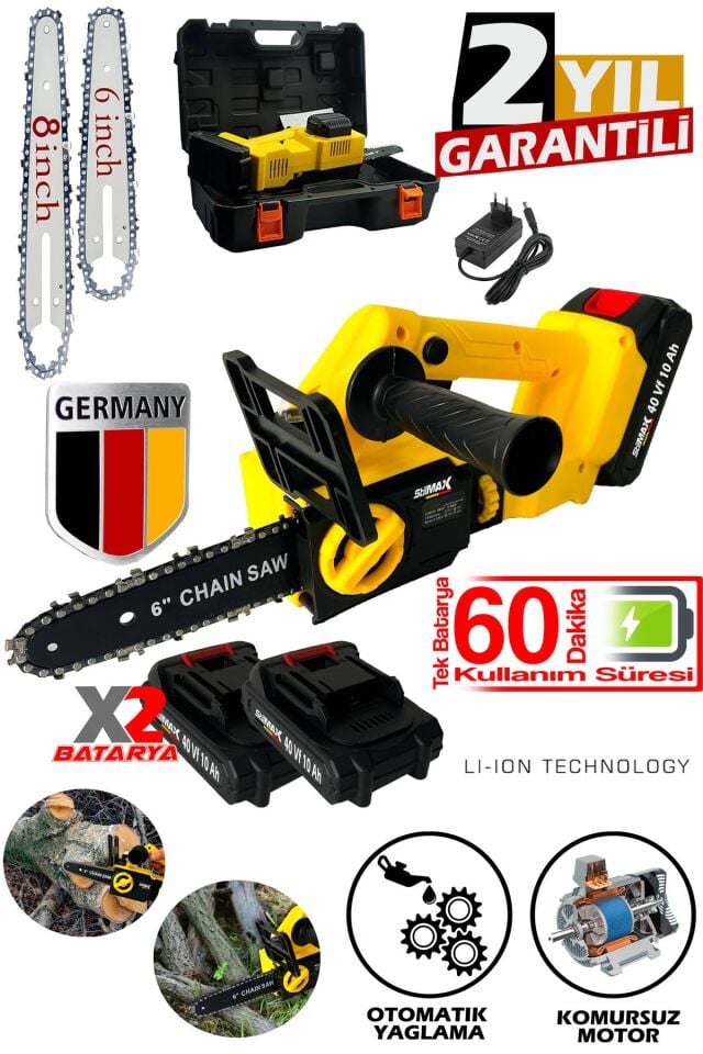 Kömürsüz Motor x2 Çift Pala Çift Zincir Şarjlı Akülü Dal Budama Makinesi 40VF 10AH Çelik Şanzuman