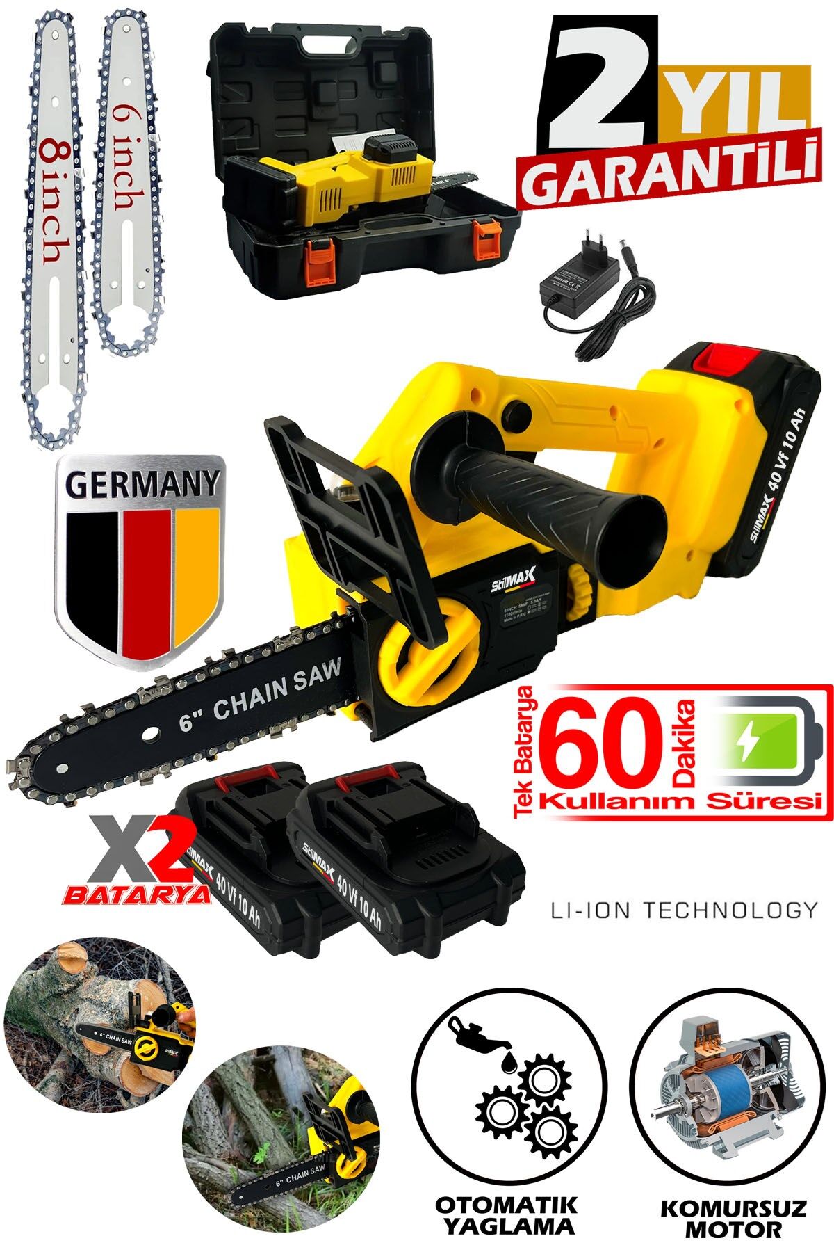 2 Pala 2 Zincirli Muhteşem Dal Budama Makinesi Seti Kömürsüz Motor ve Yağ Pompalı Çantalı Set