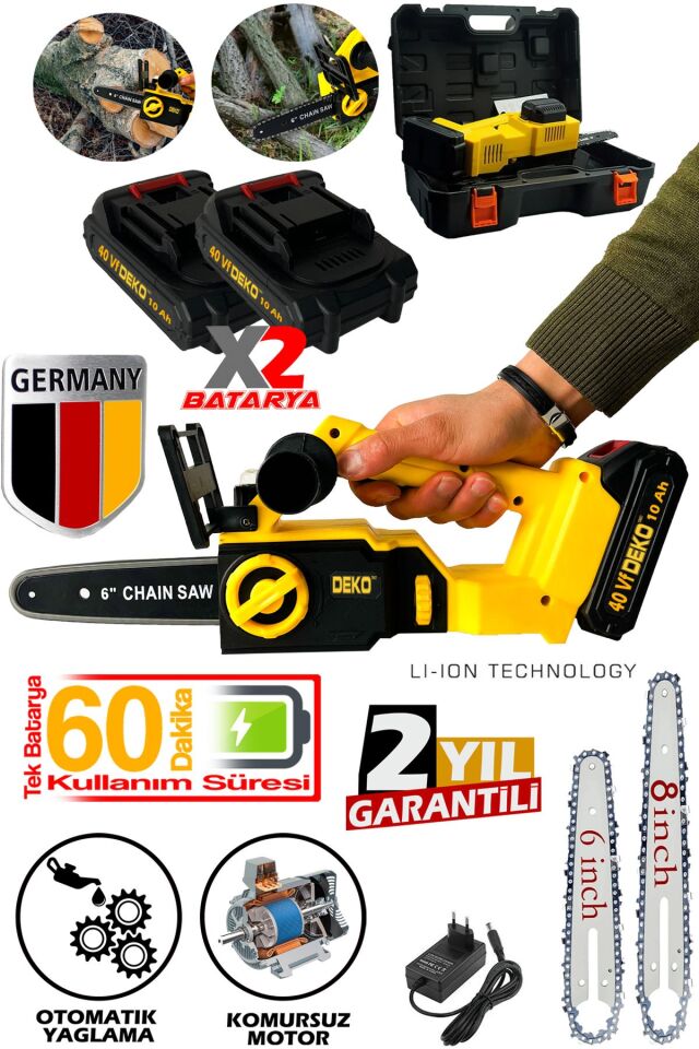 Şarjlı Dal Budama Kesme Testeresi Çift Palalı x2 Akü 40VF Kömürsüz Motor Ağaç Kesme Testeresi