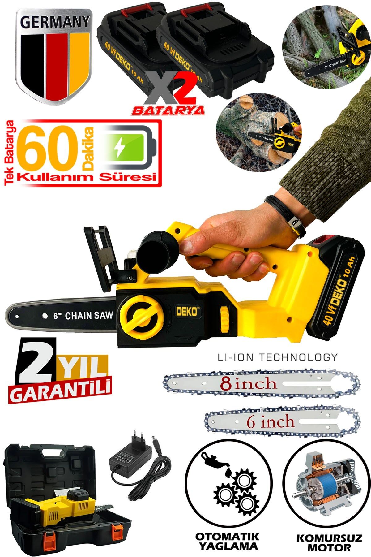 Şarjlı Dal Budama Kesme Testeresi Çift Palalı x2 Akü 40VF Kömürsüz Motor Ağaç Kesme Testeresi