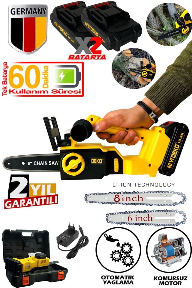 Şarjlı Dal Budama Kesme Testeresi Çift Palalı x2 Akü 40VF Kömürsüz Motor Ağaç Kesme Testeresi