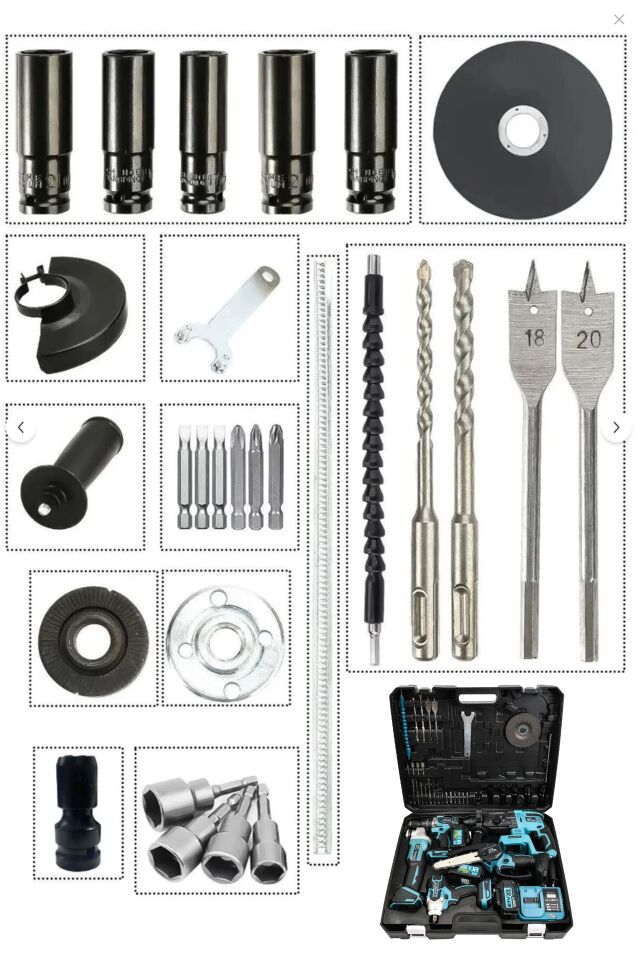 10Pilli 4 Akülü 388VF Bl Motor Kırıcı Delici + Taşlama + Somun Sökme + Dal Budama + Matkap Makas Set