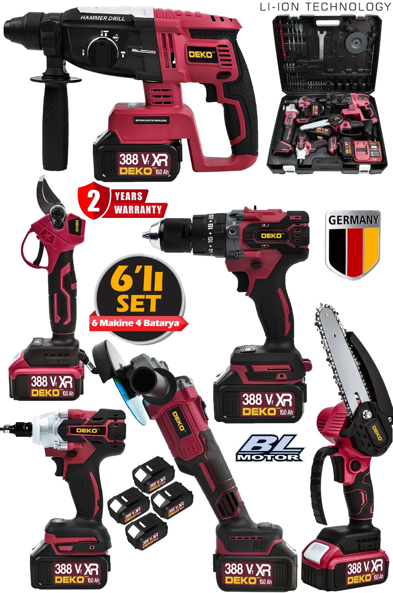 388VF Kömürsüz Brushless 6'lı Set 4 Akülü Somun Sökme-Taşlama-Darbeli Vidalama-Dal Budama & Makas