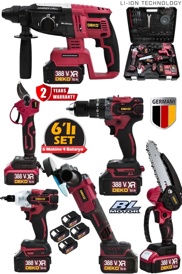 388VF Kömürsüz Brushless 6'lı Set 4 Akülü Somun Sökme-Taşlama-Darbeli Vidalama-Dal Budama & Makas