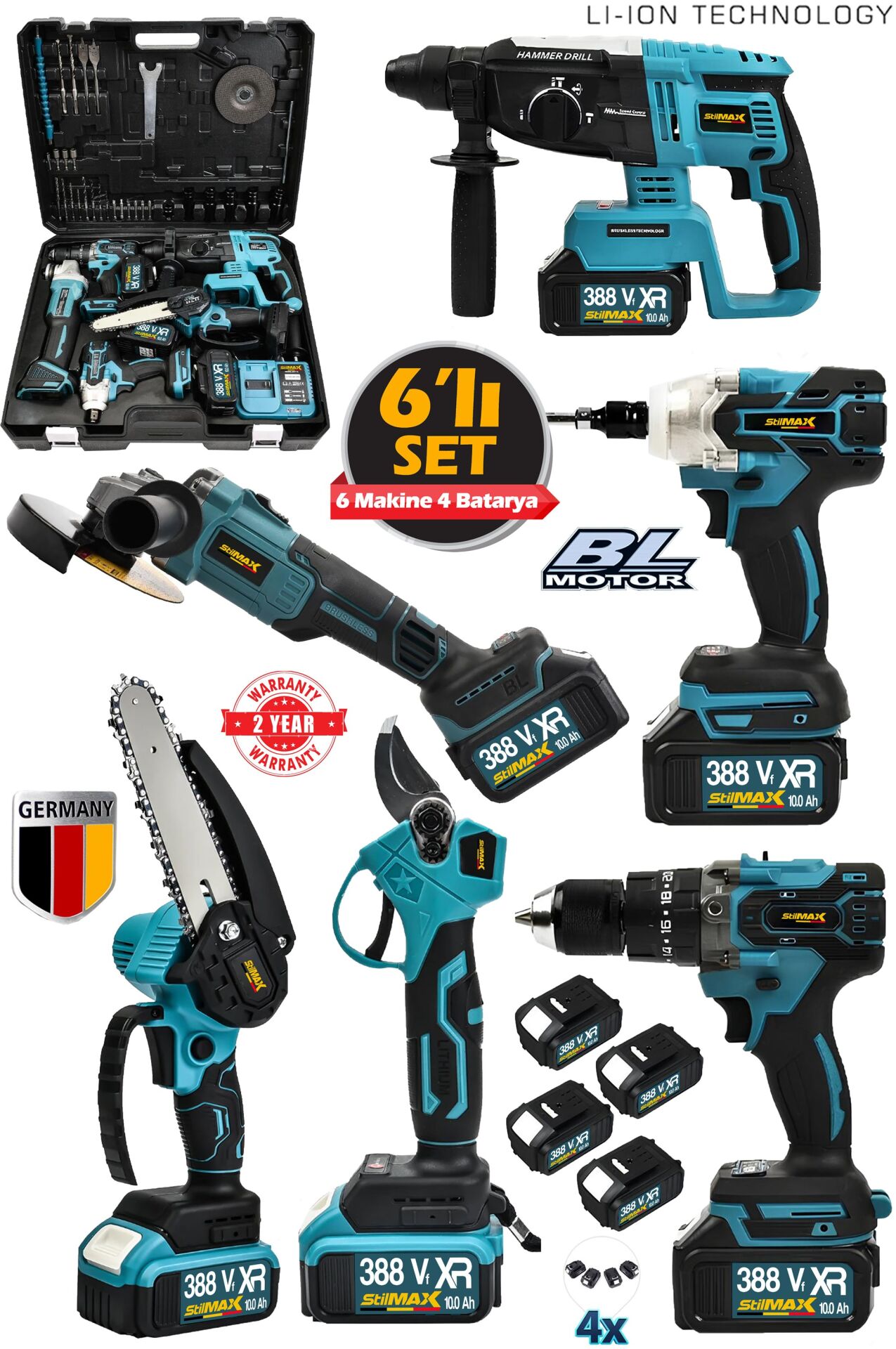 German Şarjlı 4 Akülü  6'lı Makine Seti Matkap-Kırıcı Hilti-Taşlama-Somun Sökme-Dal Budama Makas Set