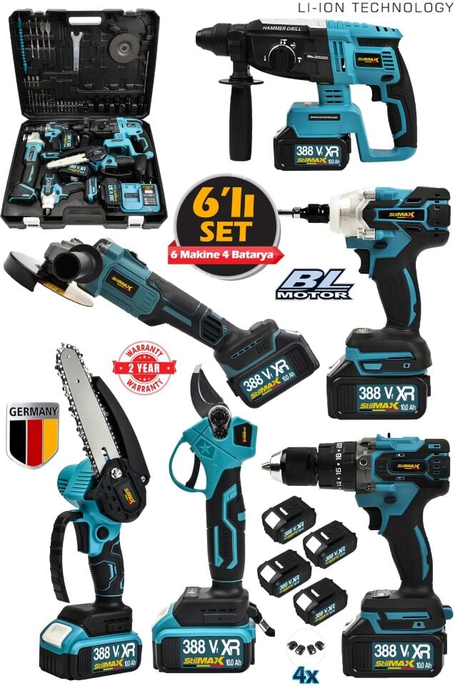 German Şarjlı 4 Akülü  6'lı Makine Seti Matkap-Kırıcı Hilti-Taşlama-Somun Sökme-Dal Budama Makas Set