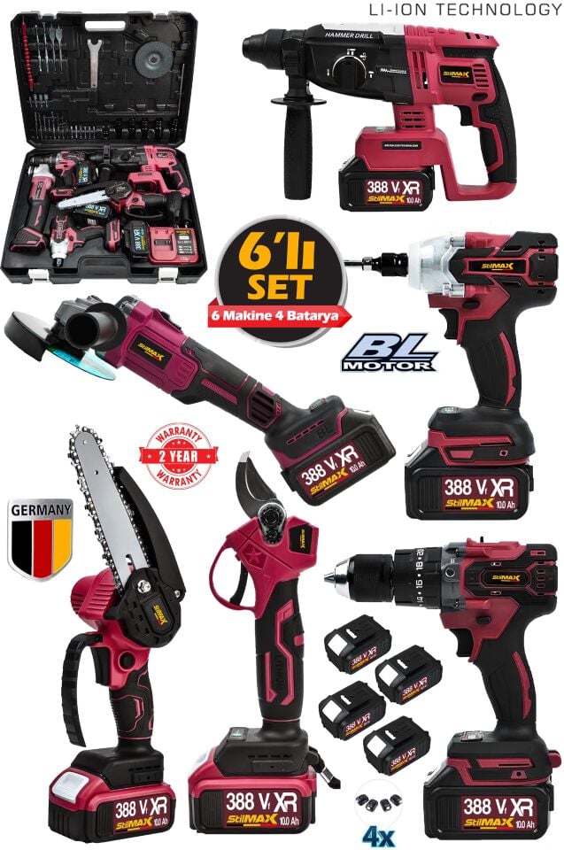 German Şarjlı 4 Akülü  6'lı Makine Seti Matkap-Kırıcı Hilti-Taşlama-Somun Sökme-Dal Budama Makas Set