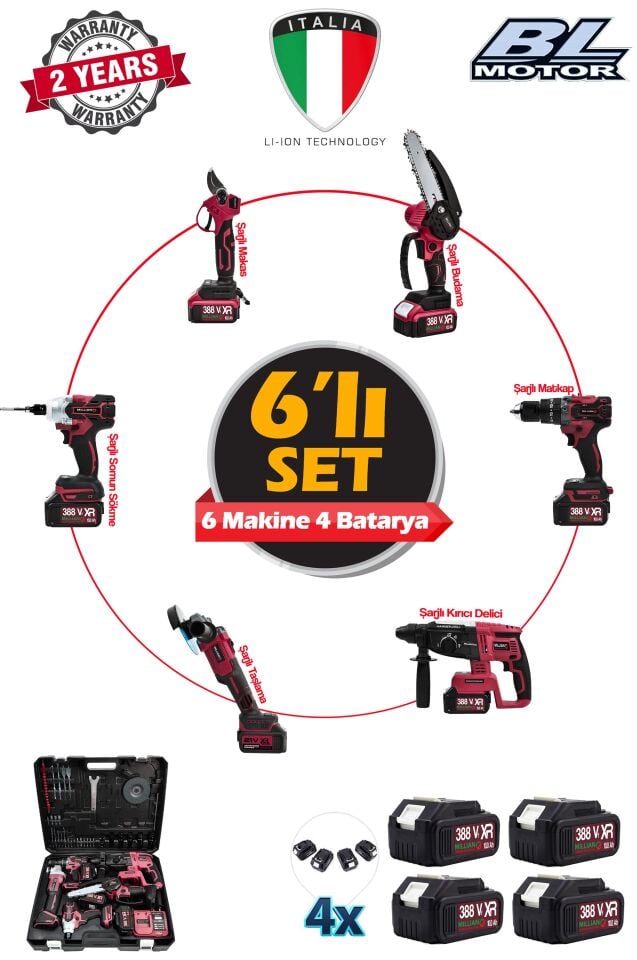 388VF 10AH 6'lı Set Kırıcı Delici Matkap Taşlama Somun Sökme Dal Budama Makas Akülü Profesyonel Set