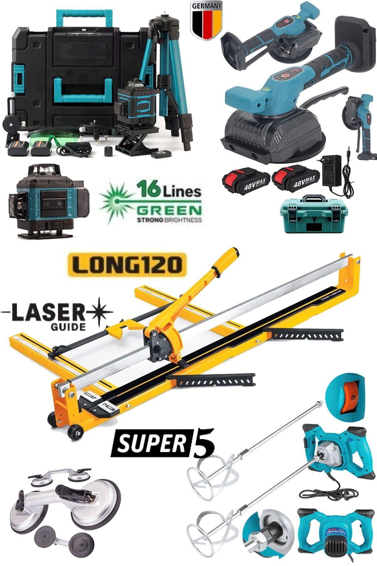 MH120L Dev Seri 120cm Seramik Kesme + Boya Karıştırıc Mikser + Tripotlu 16 Çizgi Lazer + Vantuz Seti