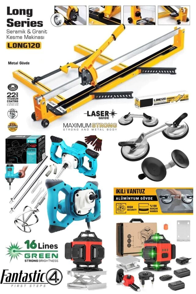 Fantastic 4'lü Set 120cm Seramik Fayans Kesme Mak + 2'li Vantuz + Boya Karıştırıcı + 16 Satır Lazer