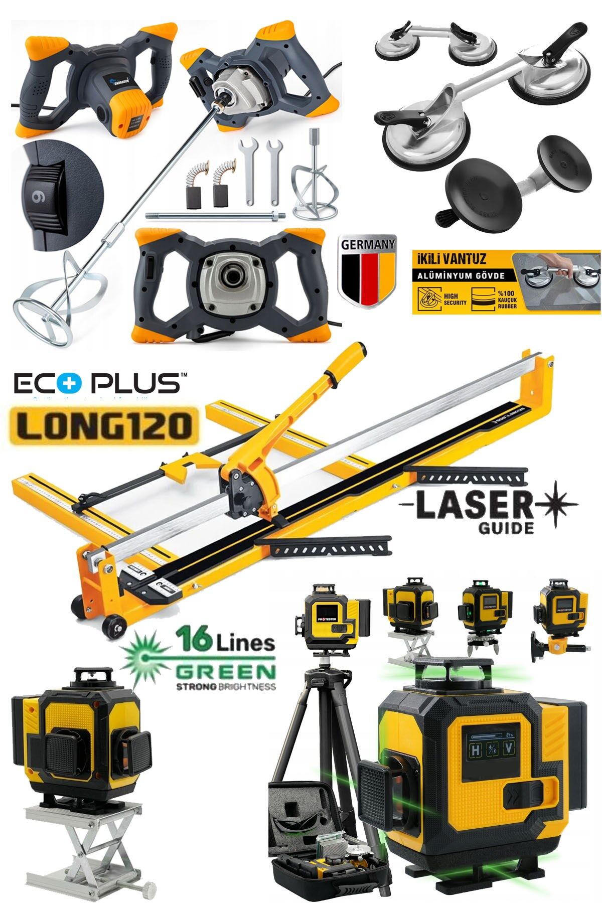 EcoPlus4 Seramik Usta Seti: 120mm Seramik Kesme - 2'li Vantuz - Boya Karıştırıcı - 16 Çizgi Lazer