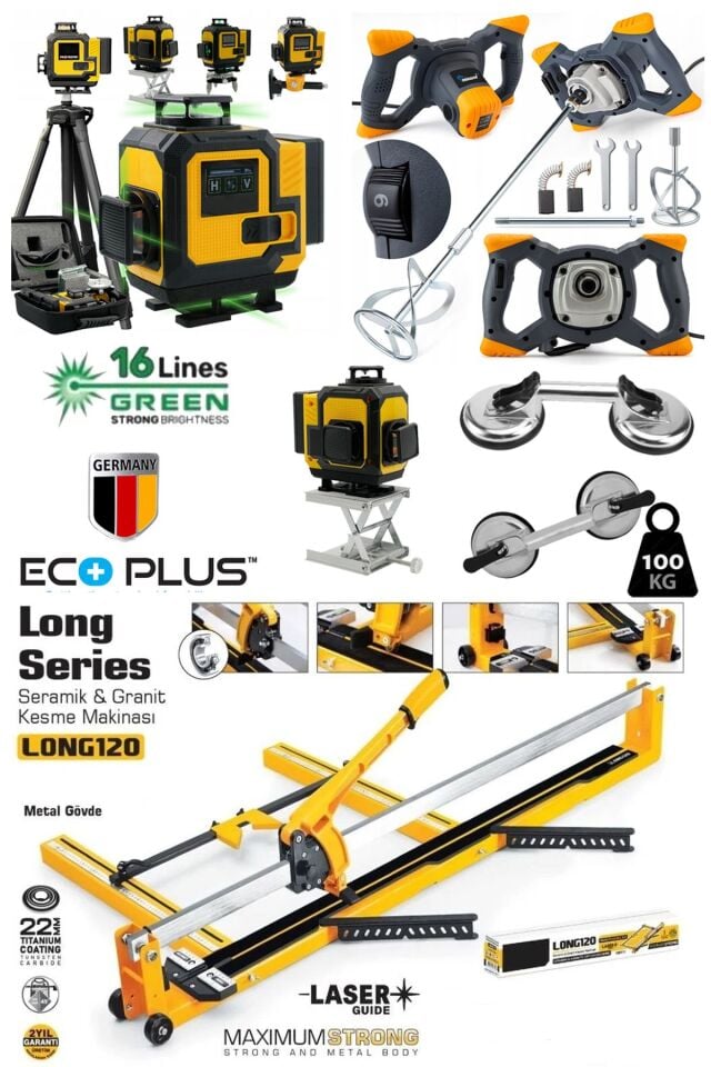 EcoPlus4 Seramik Usta Seti : Boya ve Harç Karıştırıcı Mikser-2'li Vantuz-120mm Fayans Kesme-Lazer