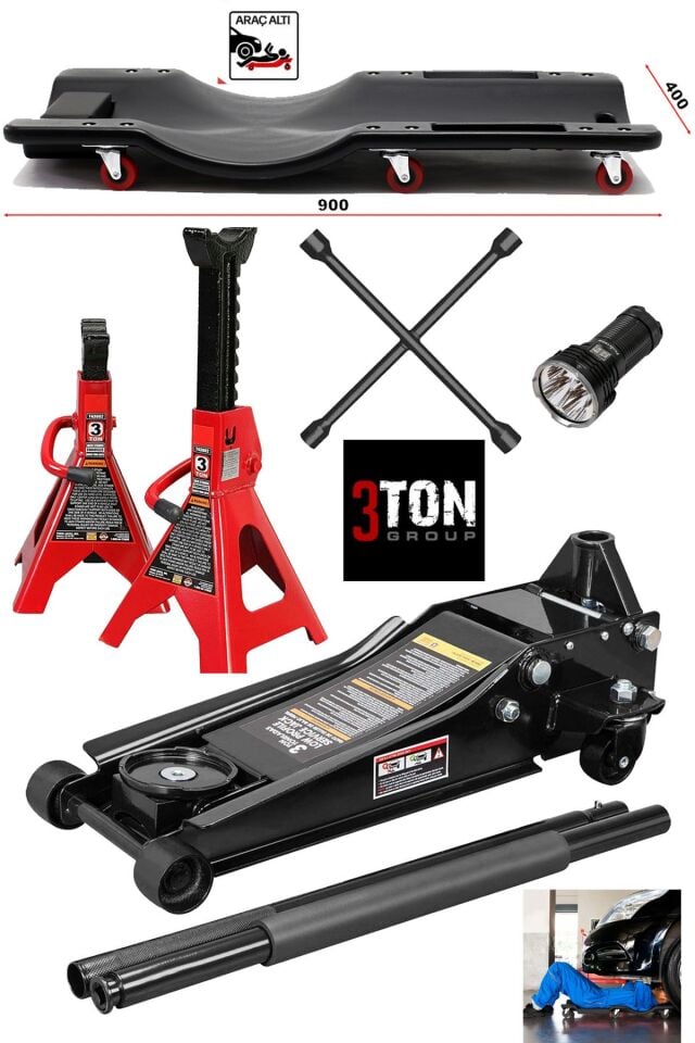Profesyonel Oto Tamirci Garaj Seti: 4'lü Bijon Anahtarı - 3Ton Düşük Şase Tamirci Kriko - 3Ton Sehpa