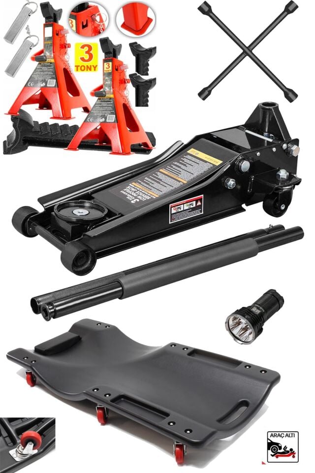 Profesyonel Oto Tamirci Garaj Seti: 4'lü Bijon Anahtarı - 3Ton Düşük Şase Tamirci Kriko - 3Ton Sehpa