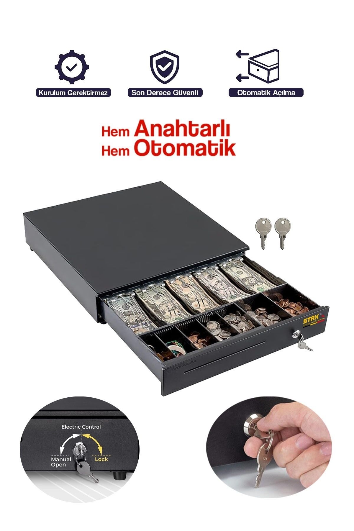 Büyük Boy Çelik Elektronik Para Çekmecesi – 5 Banknot ve 5 Madeni Para Gözlü Kasa Sistemi 41x41cm