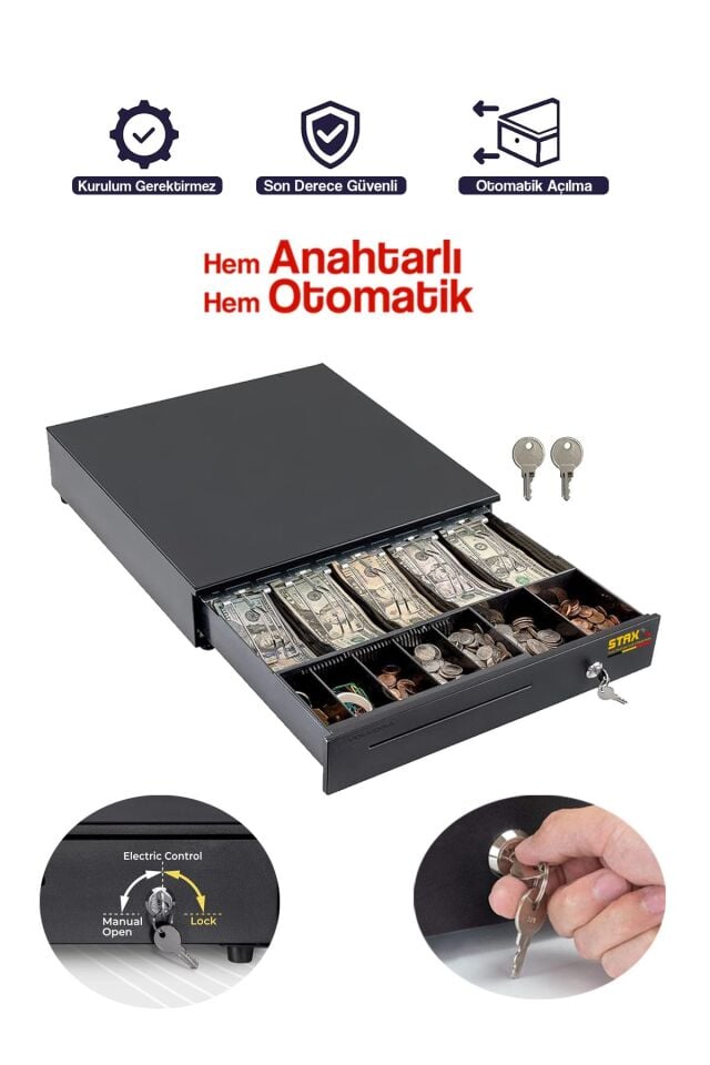 POS Uyumlu Çelik Para Çekmecesi – Büyük Boy 41×41 cm, 5 Banknot ve 5 Madeni Para Gözlü