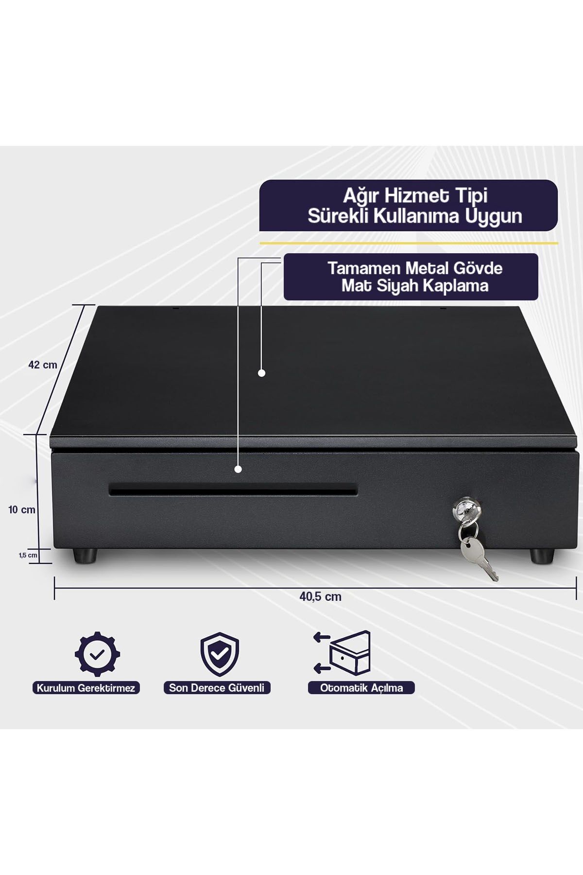 POS Uyumlu Çelik Para Çekmecesi – 41×41 cm, 10 Bölmeli Büyük Boy Elektronik Kasa Anahtarlı Çekmece