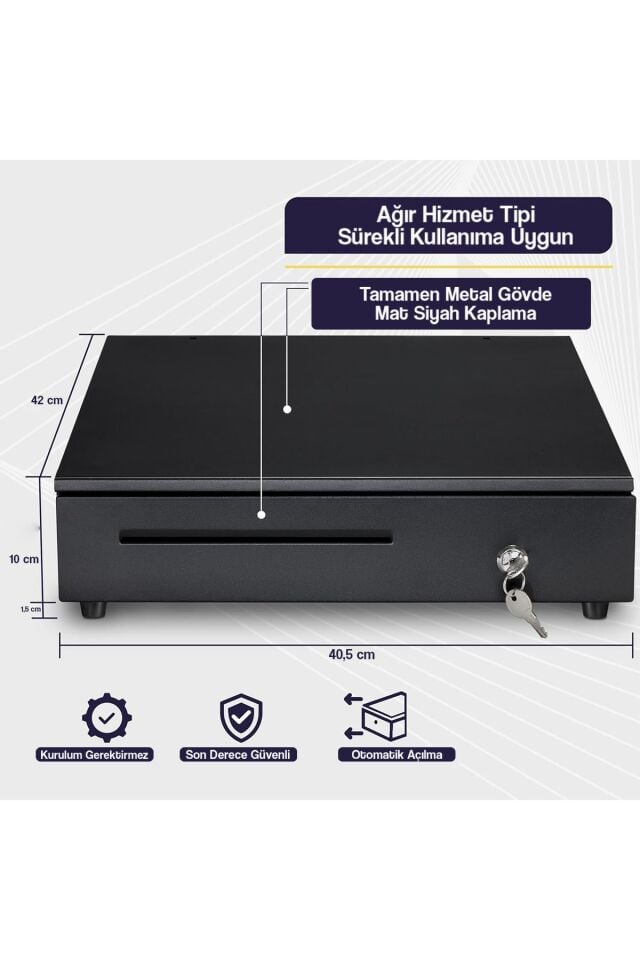 POS Uyumlu Çelik Para Çekmecesi – 41×41 cm, 10 Bölmeli Büyük Boy Elektronik Kasa Anahtarlı Çekmece