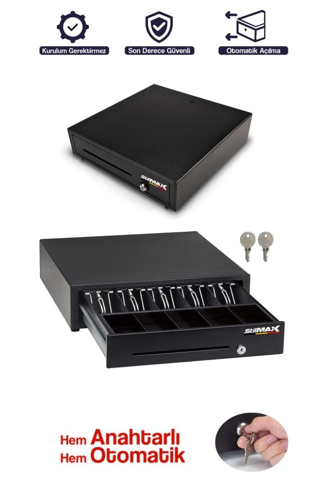 POS Uyumlu Çelik Para Çekmecesi – 41×41 cm, 10 Bölmeli Büyük Boy Elektronik Kasa Anahtarlı Çekmece