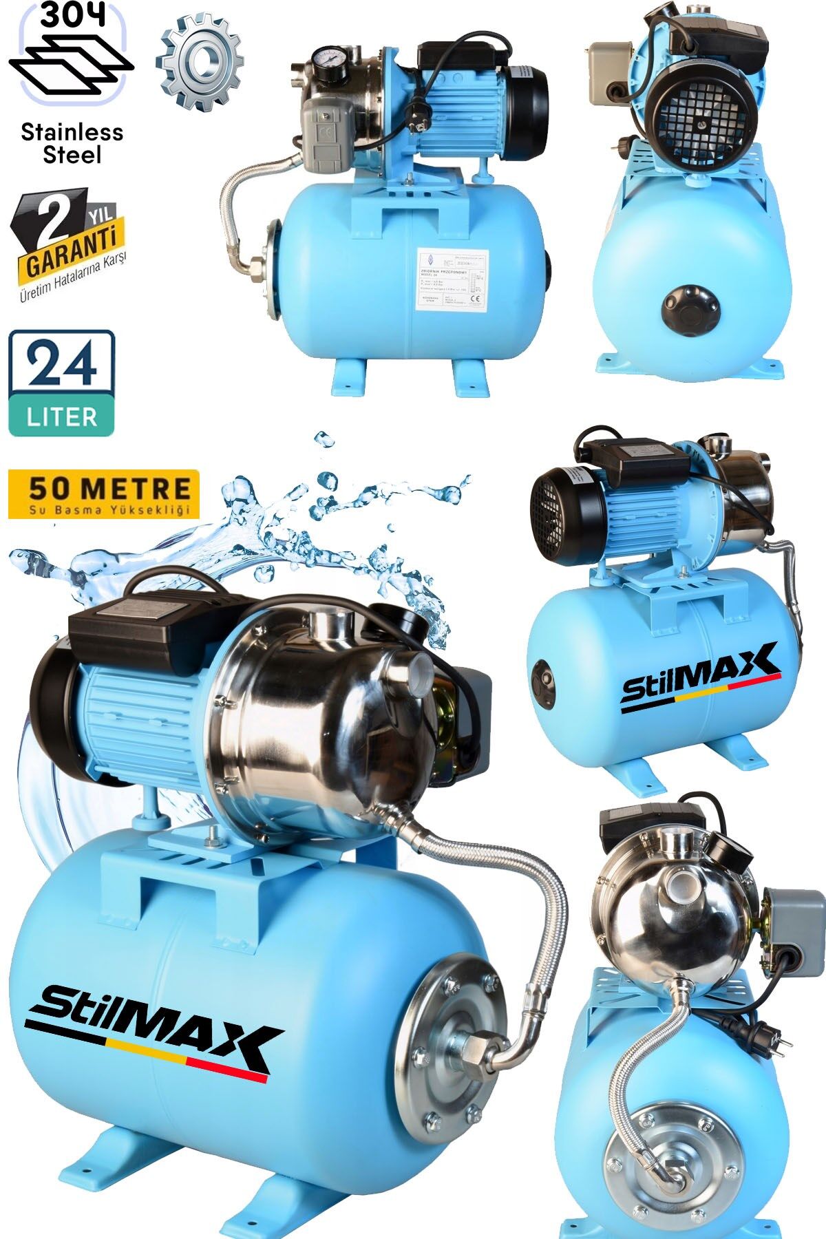 Metal Dişli Sistem Otomatik Paket Hidrofor 24Lt Tank + 1.5HP Paslanmaz Bakır Sargılı Jet Motor Seti