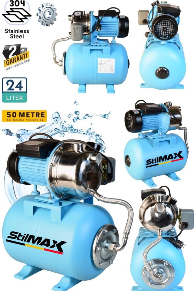 Metal Dişli Sistem Otomatik Paket Hidrofor 24Lt Tank + 1.5HP Paslanmaz Bakır Sargılı Jet Motor Seti