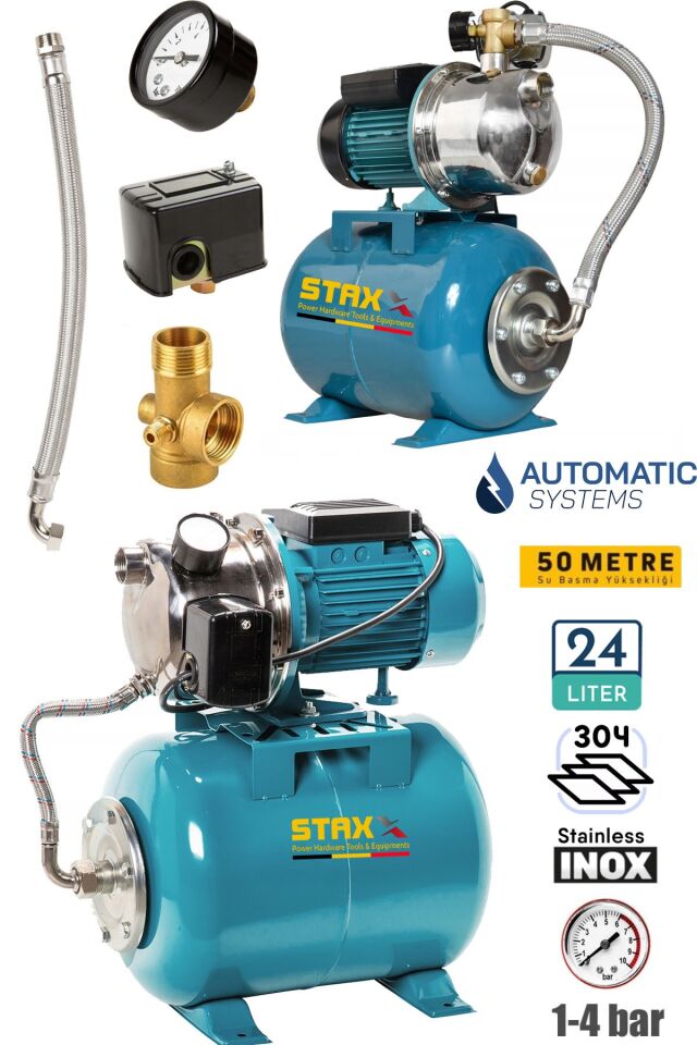 Yüksek Basınçlı Ev Tipi Paket Hidrofor Tank Seti 3-4 Bar Paslanmaz Gövdeli Jet 1.5 HP 24Lt Tank Küre